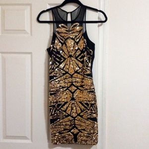 NWOT Bebe Black with Gold Sequin Bodycon Dress Size Small